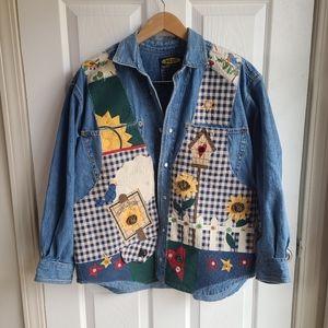 Vintage Blue Pilot Patchwork Sunflower Denim Jean Jacket